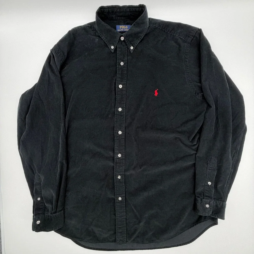 Polo Ralph Lauren Mens XLT Black Corduroy Button Down Shirt Red Pony Logo